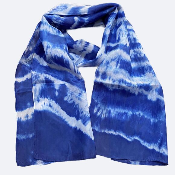 Tie Dye Silk Scarf Blue White Abstract Boho Festival Rectangle Artisan Handmade - Picture 3 of 5